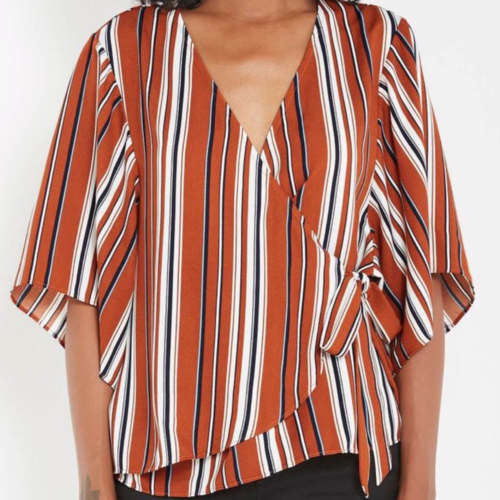 Multi Striped Wrap Top Kimono Sleeve TerraCotta